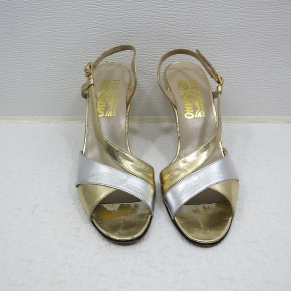 Salvatore Ferragamo Gold Silver Leather Heels 7.5 - Picture 5 of 6